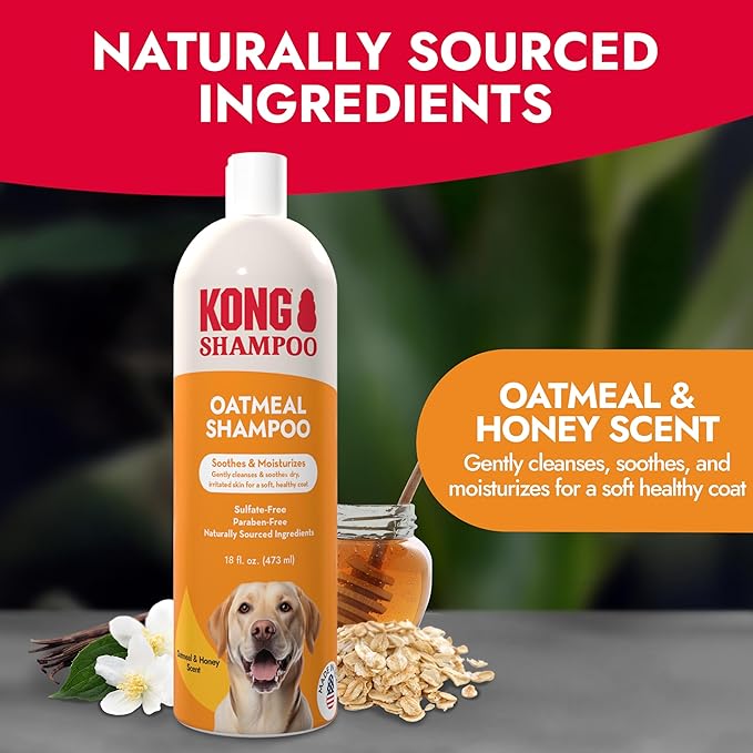Kong Oatmeal Dog Shampoo, Soothes & Moisturizes, Oatmeal & Honey Scent - 18 fl oz, Biodegradable, pH-Balanced, Sulfate-Free, Cruelty-Free, for Sensitive Skin, All Coat Types, Made in USA