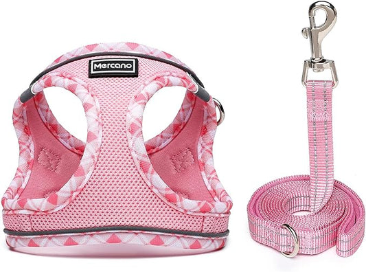 Mercano Soft Mesh Dog Harness and Leash Set, No-Chock Step-in Reflective Breathable Lightweight Easy Walk Vest Harnesses with Safety Buckle for Small Dogs, Cats (Pink, M)