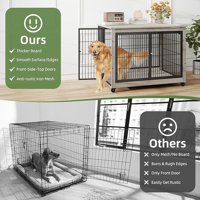 43" Movable Extra Large Dog Crate, Wooden Furniture Dog Crate with Top Access for Teasing/Feeding, 4 Rotating Wheels, Heavy-Duty Large Dog Kennel Indoor as End Table, Chew-Resistant, Gray