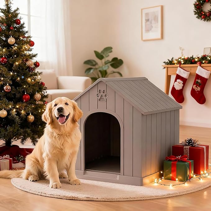 Large Dog House Outdoor Indoor for Medium Large Dogs, Sturdy Plastic Waterproof Doghouse with Air Vents and Elevated Floor, Easy Clean and Assemble (Light Grey, 36.2''L×38''W×38''H)