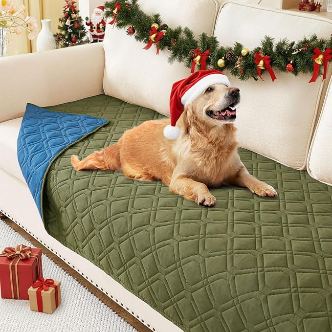 hyha Waterproof Dog Bed Blanket, Soft Pet Blankets, Waterproof Couch Cover for Dogs, Reversible Sofa Covers Washable for Furniture (30x70 Inch, Green/Navy Blue)