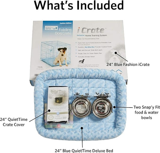 MidWest Homes for Pets Blue Fashion iCrate Starter Kit, 24-inch Dog Crate Bundle for Small Dogs, Includes Cage, Pet Bed, 2 Bowls and Privacy Cover