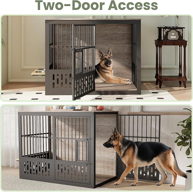 48 Inch XXL Dog Crate Furniture, Wooden Chewproof Dog Kennel with Interactive Window, 360° Adjustable Bowls (5 Heights), Storage Table Top, Heavy Duty XL Dog Crate for Medium Large Dogs, Gray