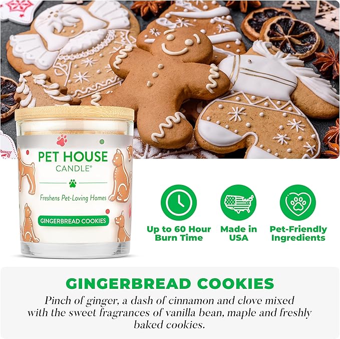 One Fur All Pet House Christmas Candles, Long Lasting, Clean Burning, Soy Wax Scented Pet Friendly Candles for Odor, Gingerbread Cookies, 2 Pack