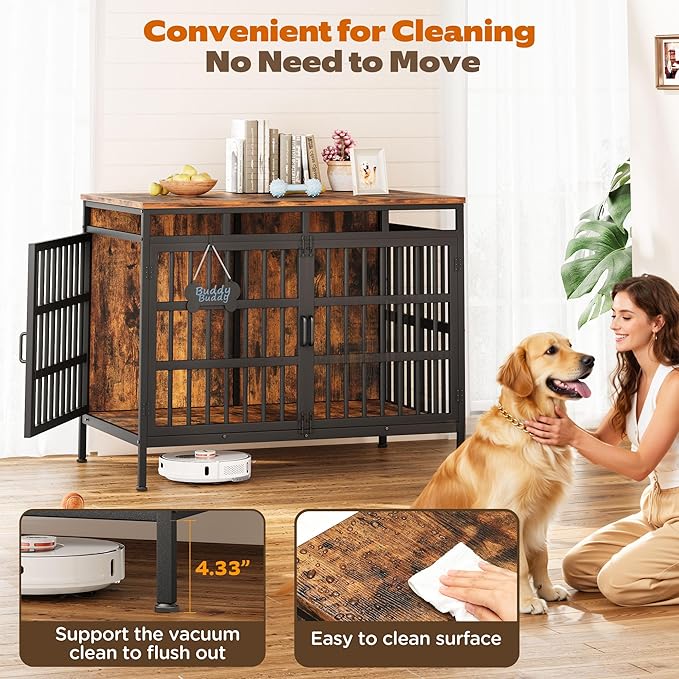 47 Inch Dog Crate Furniture, Heavy Duty Dog Kennel for Small Medium Large Dogs, Double Doors Indoor Decor Pet House Cage, Anti Escape Wooden Dog Cage with Name Tag End Table, TV Stand, Brown