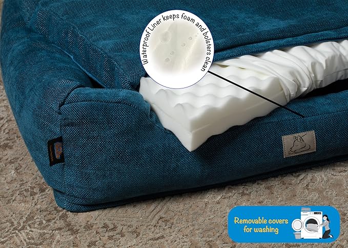Furry's Paradise Foam Cuddler Pet Bed with Waterproof Liners, Reversible Cushion, Washable Cover, Recycled Fibers and Non-Slip Bottom. (Deeper Waters, Orthopedic Large)