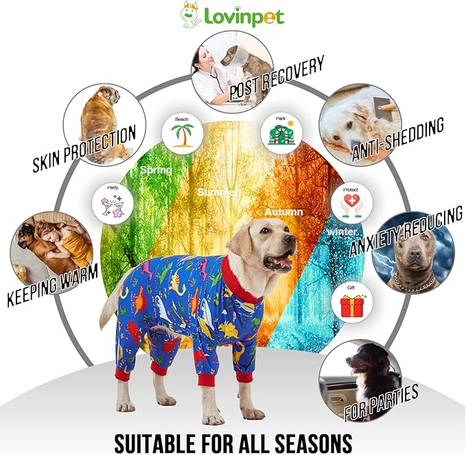 LovinPet Pitbull Large Dog Clothes, Wound Care/Post Surgery Dog Clothes, Lost World Dinosaurs Print, UV Protection, Pet Anxiety Relief, Large Dog Onesies, Pet PJ's/L