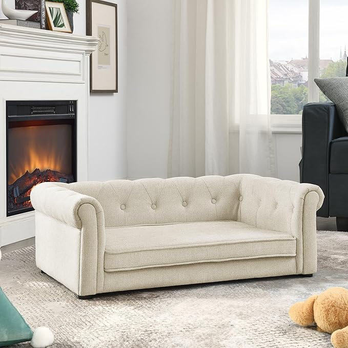 GDFStudio Modern Linen Dog Sofa for Small and Medium Dogs Elevated Pet Bed with Armrests and Backrest Durable and Comfortable Upholstered Pet Furniture, Beige