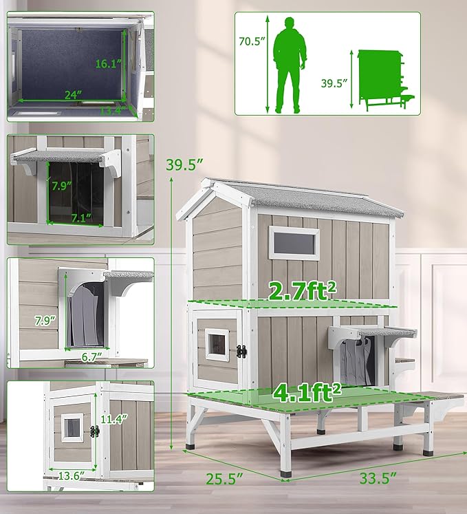 2 Story Insulated Outdoor Cat House Weatherproof Feral Cat Shelter for Winter Outside Cat Houses for 2-3 Cats Indoor Pets Condo with Waterproof Roof & Escape Door, 6.3" Raised Base & Balcony