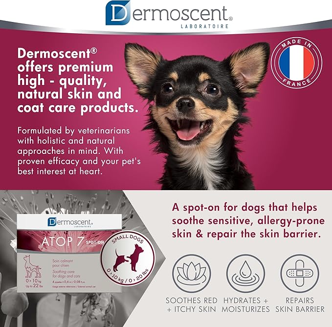 Dermoscent ATOP 7 spot-on - Dogs and Cats Up to 22lbs - Soothing Care for Sensitive, Dry and Itchy Skin or Allergy Prone Skin - Natural Ingredients - 4 pipettes