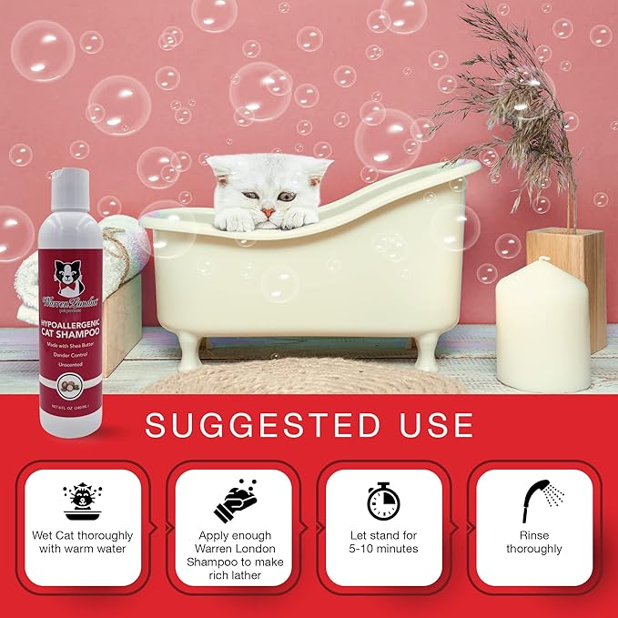 Warren London Hypoallergenic Cat Shampoo + Conditioner – Unscented 8 oz | Shea Butter Moisturizes Dry Skin & Reduces Dandruff | Soap-Free 2-in-1 for Dander & Allergy Control | Made in USA