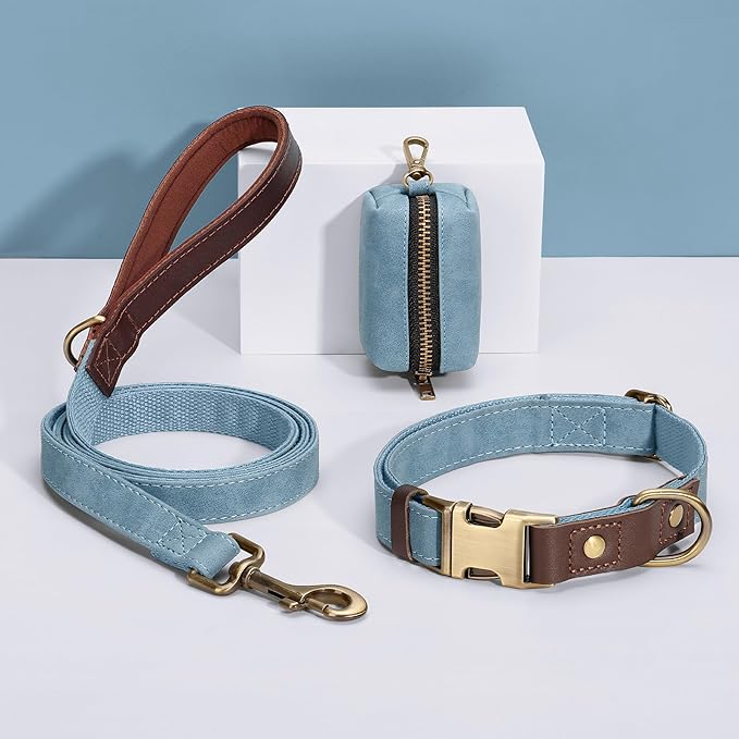 Didog Soft PU Leather Dog Collars for Medium Dogs,Classic Adjustable Dog Collars with Quick Release Metal Buckle,Easy Clean and Comfortable with Nylon Lining,Denim Blue,M Neck 13-19"