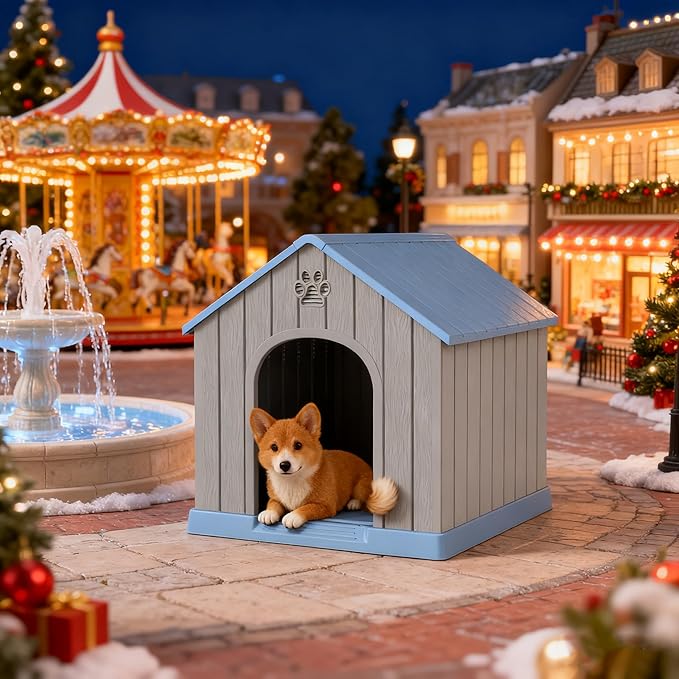 Fancyango Dog House Outdoor Indoor for Medium Large Dogs, Sturdy Plastic Waterproof Doghouse with Air Vents and Elevated Floor, Easy Clean and Assemble (Blue, 26.18''L × 24.02''W × 25.98''H)
