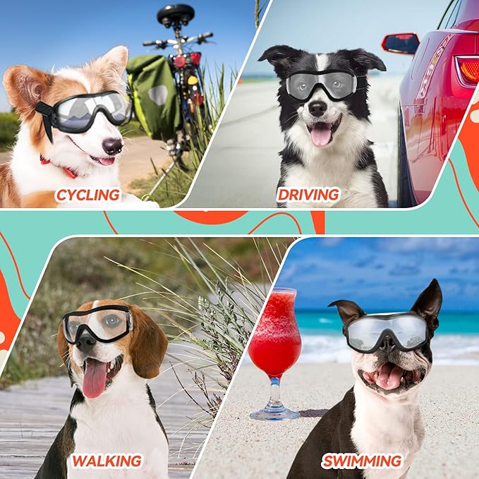 PETLESO Dog Goggles Large Breed, Large Dog Sunglasses Eye Protection for Dogs Windproof Goggles for Medium Large Dog Riding Biking Driving, Clear
