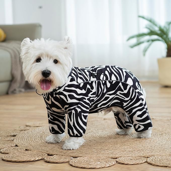 Fleece Dog Coat for Small Medium Dog,Pullover Pajamas Jumpsuit Bodysuit Puppy Coats with Legs, Pet Windproof Warm Cold Weather Jacket Full Body Vest Cozy Snowsuit Outfit Clothes (Zebra Striped, M)