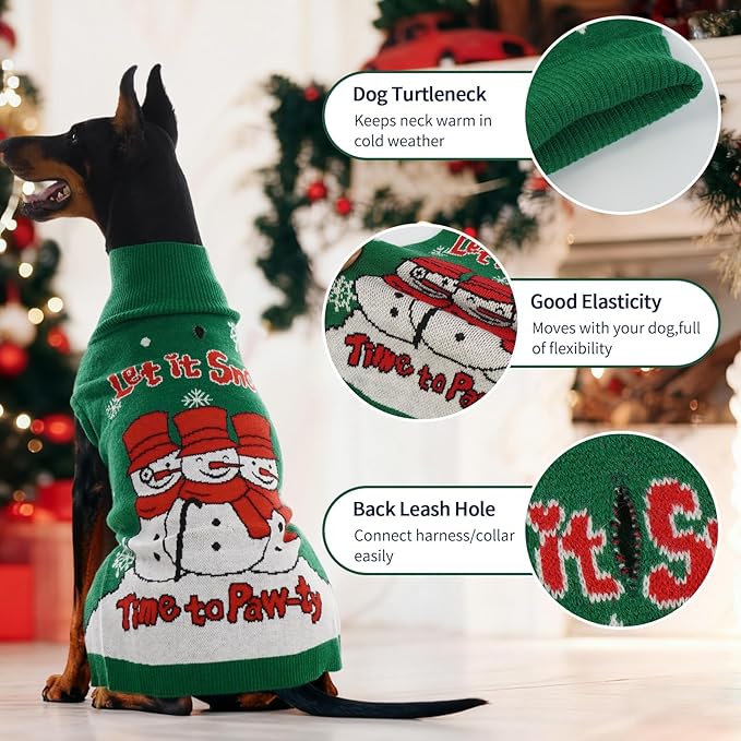 IECOii Christmas Dog Sweater for Giant Breed Dogs, Snowman Snowflake Christmas Sweaters for Great Dane, 5XL Pet Turtleneck with Leash Hole for Holidays Photos, Extra Large Dog Sweater Green, 5XL
