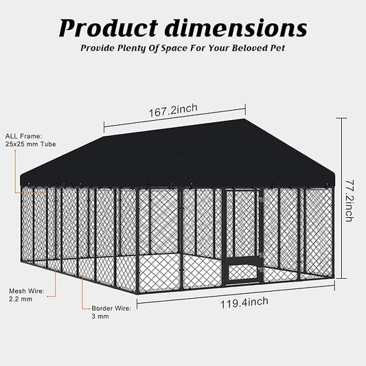 10x14FT Heavy Duty Outdoor Dog Kennel with Roof – Large Dog Enclosure & Weatherproof Dog House, Secure Metal Fence Playpen with Double Lock & Feeding Swivel Door for Big Dogs