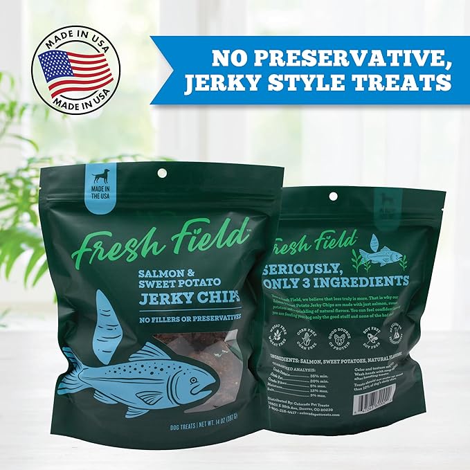 Fresh Field Salmon & Sweet Potato Jerky Chips, 14 oz – All-Natural Dog Treats, USA Made, Omega-3 Rich, Supports Health (Pack of 2)