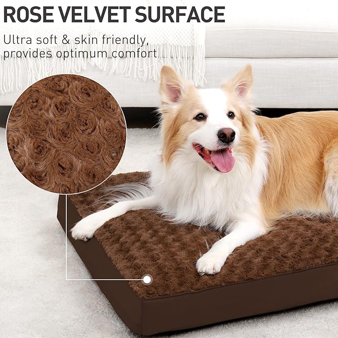 Dog Crate Bed Waterproof Jumbo Dog Beds for Extra Large Pets Rose Velvet Soft Fluffy Washable with Removable Cover & Anti-Slip Bottom, 47 x 29 Inch, Brown