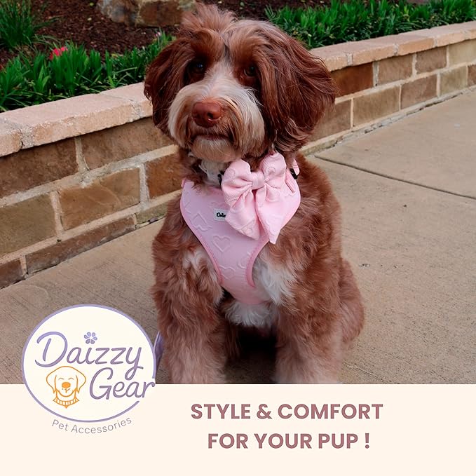 Large Dog Harness Set – Cute No Pull, All Weather, Breathable Harness and Leash Set with Collar, Bandana, Sailor Bow & Poop Bag Holder – Adjustable, Soft & Stylish – Pink Hearts on Jacquard Fabric