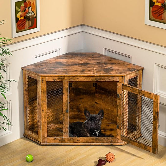 Corner Dog Crate Furniture, 44" Wooden Dog Kennel Furniture End Table with Mesh, Dog Kennel Indoor Furniture for Small Medium Dogs, Modern Decorative Wood Pet House Dog Cage Crate, Brown