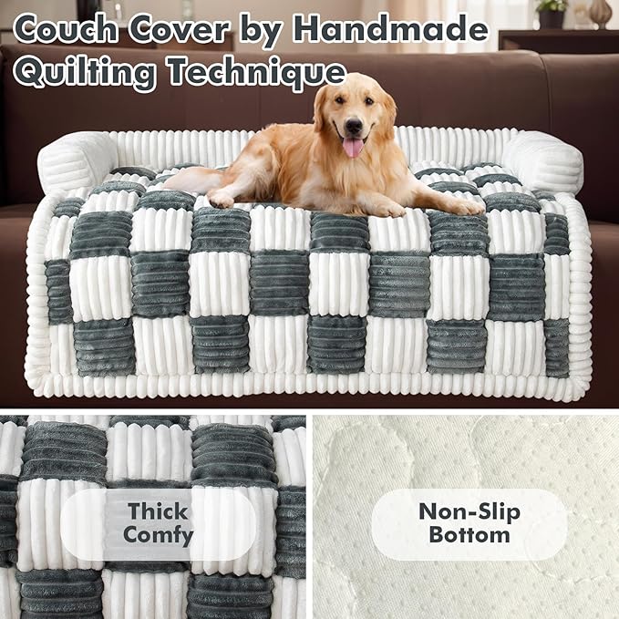LiveGo Fuzzy Pet Couch Covers for Sofa, Dog Couch Cover Fuzzy Sofa Cover Cream Square Plaid Dog Bed Plush Dog Mat for Furniture Protector for Large Medium Dogs and Cats (Blue Gray, 29.5"*29.5")