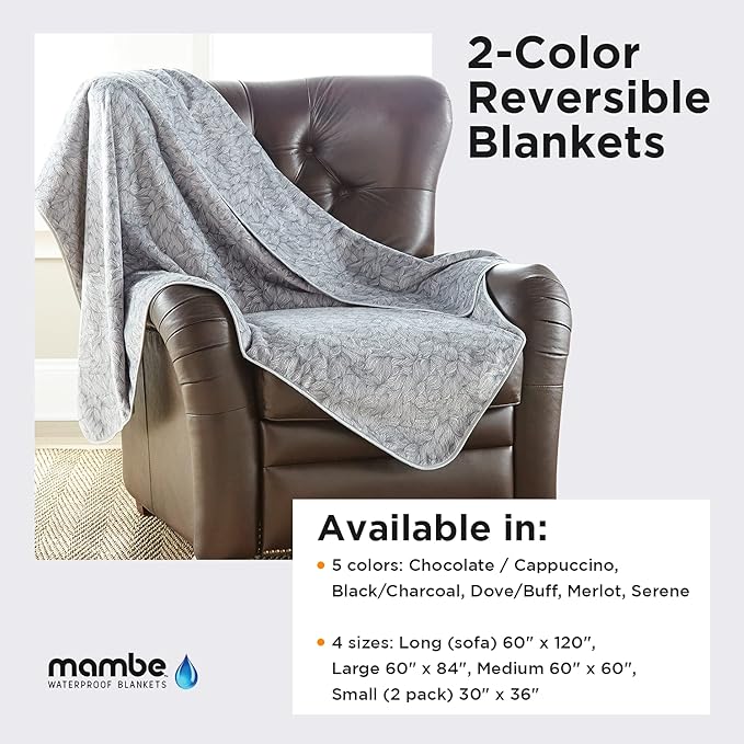 Mambe Silky Waterproof Throw for Protecting Furniture Bed Couch from Stains Caused by Dogs, Cats, Incontinence. Soft, Washable, Reversible. (Size Medium 70x70 inches, Color Serene)