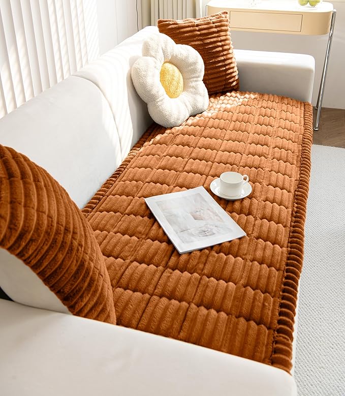 Faux Fur Plush Dog Couch Cover 3D Stripe Fuzzy Sofa Cover Non-Slip Fluffy Dog Bed Cover Pet Blanket Sofa Couch Furniture Protector for Puppy Large Dog Cat (Brown,28"x82")