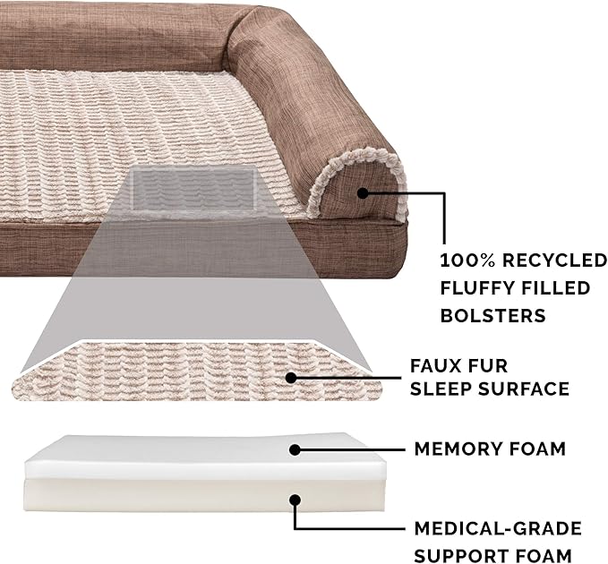 Furhaven Memory Foam Dog Bed for Large Dogs w/ Removable Bolsters & Washable Cover, For Dogs Up to 95 lbs - Luxe Faux Fur & Performance Linen Sofa - Woodsmoke, Jumbo/XL, 40.0"L x 32.0"W x 8.0"Th