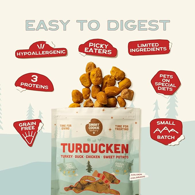 Smart Cookie Turducken Holiday Dog Treats - Turkey, Duck and Chicken Christmas Dog Treats - Healthy, All Natural, Grain Free, Human-Grade - Made in USA - 5oz
