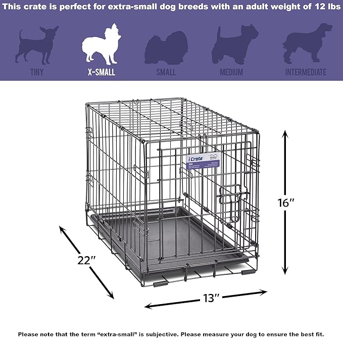MidWest Homes for Pets 22-Inch iCrate Folding Dog Crate with Divider Panel, Leak-Proof Tray & Secure Latches – Metal Wire Kennel for XS Breeds – Portable, Durable & Easy to Assemble