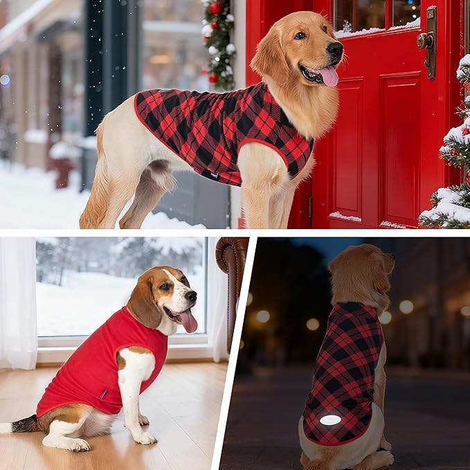 cyeollo 2 Pack Dog Fleece Sweater Stretchy Sweatshirt Pullover Dog Vest Reflective Pet Clothes Lightweight Pet Sweaters for Medium Dogs Size, Red & Buffalo Plaid XL