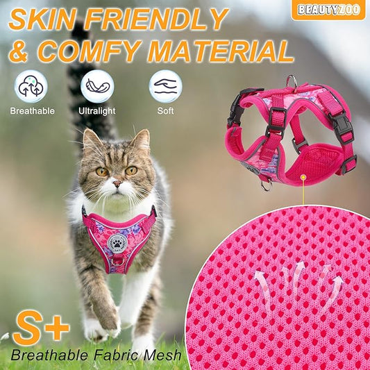 BEAUTYZOO Escape Proof Cat Harness and Leash for Walking, Soft Adjustable Cute Vest for Small to Large Cats, Reflective Breathable Easy-Control Outdoor Jacket, Kitten Harness and Leash Set, Rose, S