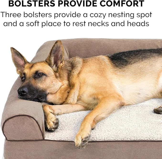 Furhaven Memory Foam Dog Bed for Large Dogs w/ Removable Bolsters & Washable Cover, For Dogs Up to 95 lbs - Sherpa & Chenille Sofa - Cream, Jumbo/XL