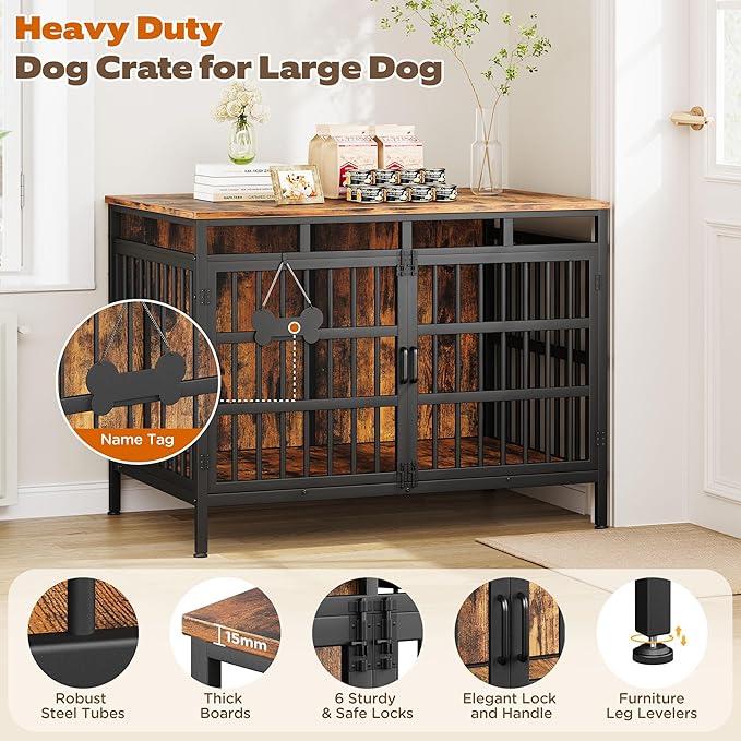 47 Inch Dog Crate Furniture, Heavy Duty Dog Kennel for Small Medium Large Dogs, Double Doors Indoor Decor Pet House Cage, Anti Escape Wooden Dog Cage with Name Tag End Table, TV Stand, Brown