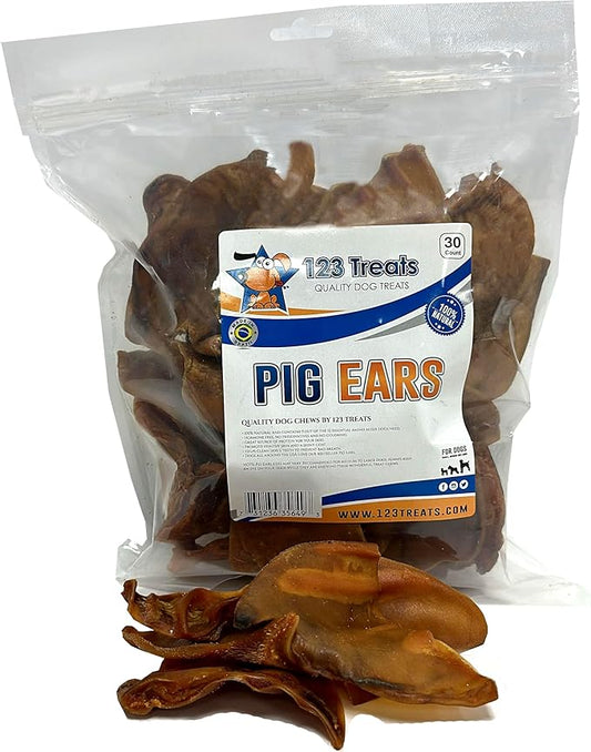 123 Treats Pig Ears for Dogs, 100% Natural Long Lasting Pork Dog Chews, Ideal for All Chewers, Delicious and Healthy Dog Treats, Half Pig Ears (One Pack of 30)