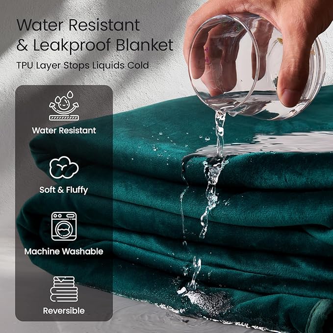 LOOBANI Waterproof Blanket for Bed Couch: Soft Coral Fleece Twin Bed Blankets Waterproof 60" x 80", Reversible Leakproof Throw Blanket, Stain-Resistant Furniture Protector, Pet-Friendly, Green