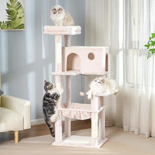 54” Cat Tree with Big Hammock 21x17” XL Cat Tower with Scratching Posts Featuring Large Top Bed, Scratcher Pad, Spacious Condo House and Detectable Ball for Indoor Cats-Large Beige