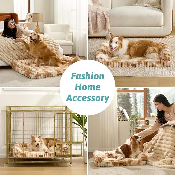 Cute Dog Bed for Large Dogs, Faux Fur Orthopedic Foam Dog Bed with Sides, Removable Washable Cover & Waterproof Lining, Comfortable Pet Couch, Tie-Dye Brown (44" L x 32" W x 7" Th)
