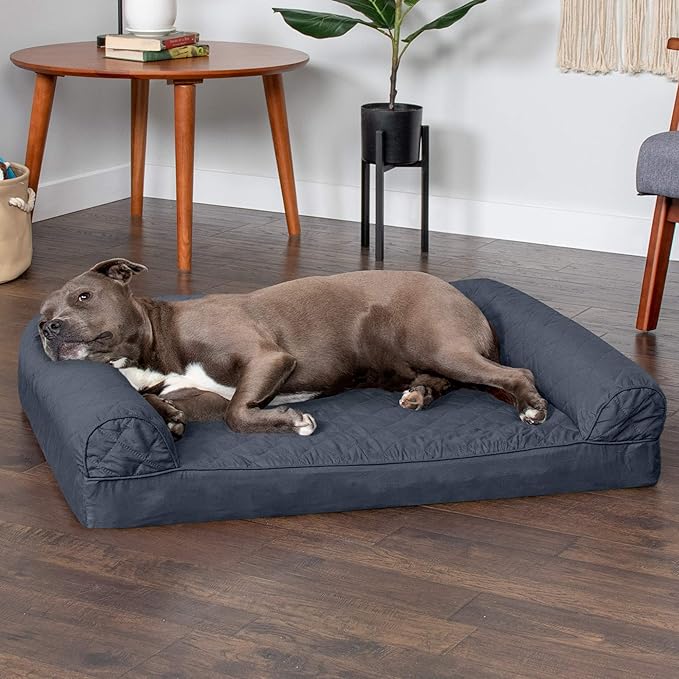 FurHaven Classic Sofa Orthopedic Dog Bed for Large Dogs, with Orthopedic Egg Crate Memory Foam for Joint Support, Removable Washable Cover, Large/Medium, Quilted Sofa, Iron Gray