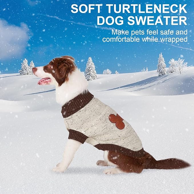 BINGPET Turtle Neck Knitted Dog Sweater,Dog Sweaters for Small Medium Large Dogs with Brown Bone Pattern,Puppy Winter Warm Cloth for Cold Weather Thermal Wear