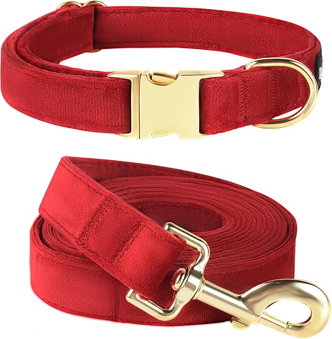 PetiFine Dog Collar and Leash Set - Adjustable Red Super Soft Velvet With Metal Buckle for Small Medium Large Dogs