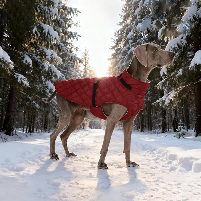 Kuoser Dog Coat Warm Fleece Lining Turtleneck Dog Jacket with Harness Built-in, Adjustable Windproof Cold Weather Coats with Quick Release Buckle Pet Winter Snowsuit for Extra Small Dogs, Red XS