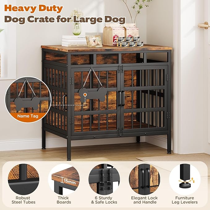 29 Inch Dog Crate Furniture, Heavy Duty Dog Kennel for Small or Medium Dogs, Double Doors Indoor Decor Pet House Cage, Anti Escape Wooden Dog Cage with Name Tag End Table, TV Stand, Brown