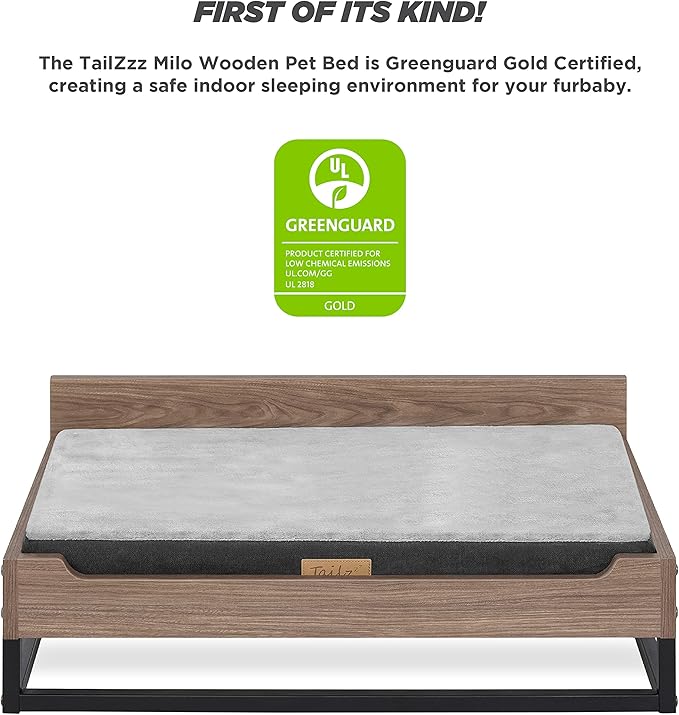 Milo Wooden Dog Bed, Plush Mattress Comforts The Pets with Bone Diseases, Water Resistant, Greenguard Gold Certified, Mattress, Non - Toxic Pet Proof Paint, Walnut