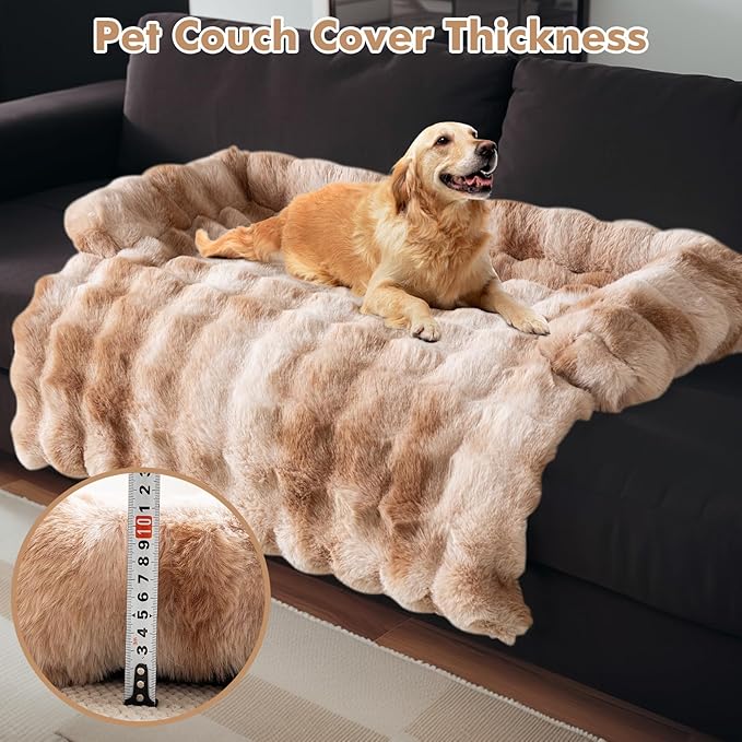 LiveGo Fuzzy Calming Dog Sofa Bed Mat, Washable Plush Couch Cover for Pets, Furniture Protector with Anti-Slip Bottom (Tie-dye Brown, 35.4"*35.4")