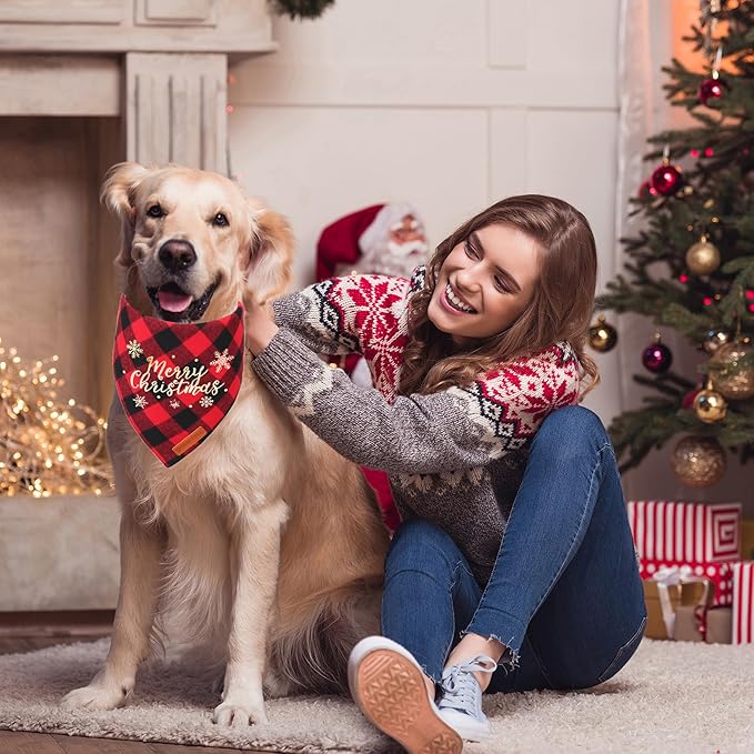 ADOGGYGO 2 Pack Christmas Dog Plaid Bandana Triangle Bib Set Pet Christmas Bandanas Scarf Accessories for Large and X-Large Dogs Pets (X-Large)
