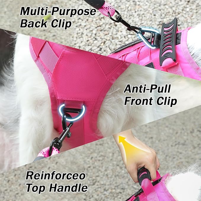 No Pull Tactical Dog Harness for Large Dogs, Escape Proof Molle Dog Vest Harness and Leash Set, Adjustable Military Service Dog Harness with Handle for Medium Large Dogs(Pink, L)