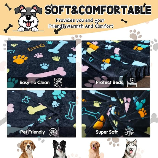 Rezutan Blanket for Large Dogs, Cat Flannel Washable Soft Pet Mat Throw Cover for Kennels-Beds, Sofas, Furniture Protection, Cute Paw Pattern, Black, 80x60 Inch