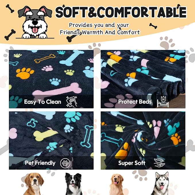 Rezutan Blanket for Large Dogs, Cat Flannel Washable Soft Pet Mat Throw Cover for Kennels-Beds, Sofas, Furniture Protection, Cute Paw Pattern, Black, 60x50 Inch